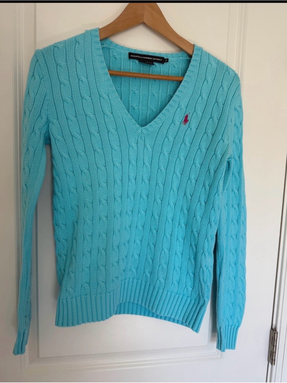 Ralph Lauren Aqua Cable-Knit V-Neck Sweater
